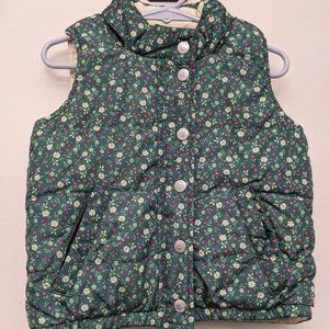 BabyGap Green & Beige Floral Reversible Puffer Vest With Packable Hood -2T - EUC